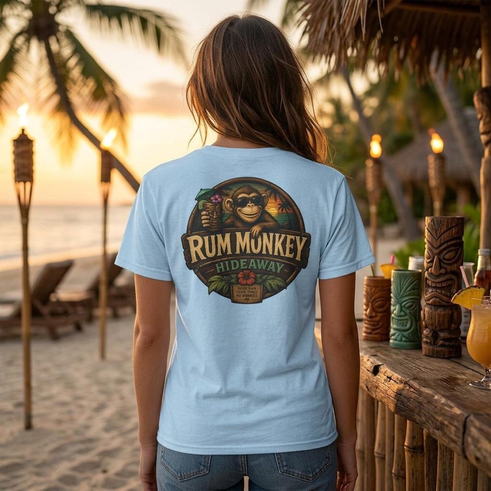 Rum Monkey Hideaway Tiki Bar Shirt, Tropical Monkey, Island Vacation Party Tee